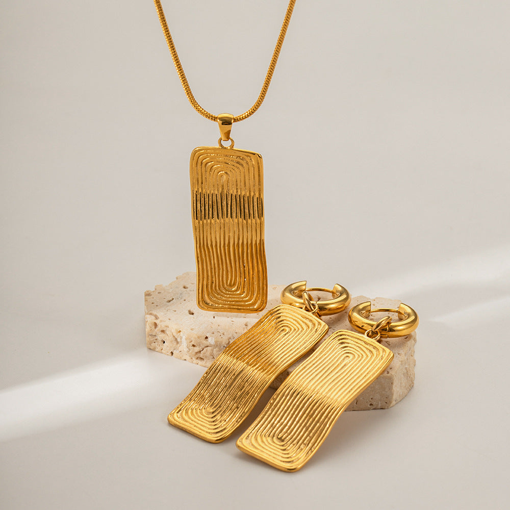 18K Gold Fashion Simple Thread Rectangular Design Pendant Necklace Earrings Set - Camili Bel Creations Gift Shop