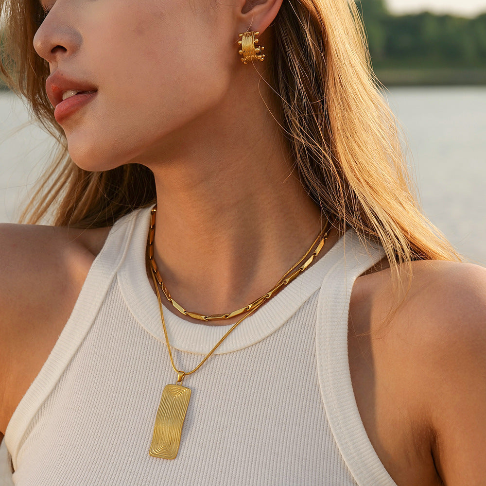 18K Gold Fashion Simple Thread Rectangular Design Pendant Necklace Earrings Set - Camili Bel Creations Gift Shop