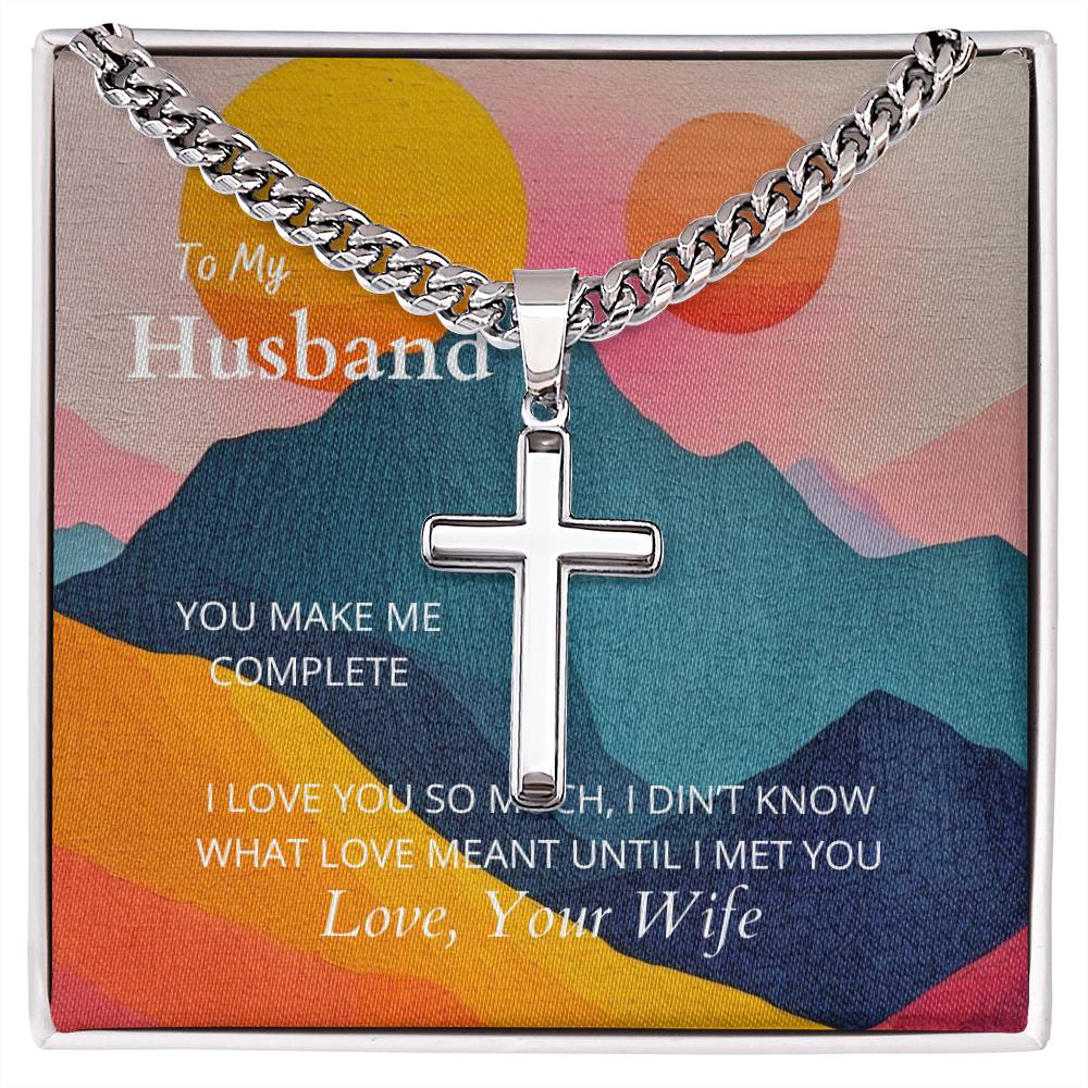 To My Husband I Artisan Cross Necklace on Cuban Chain