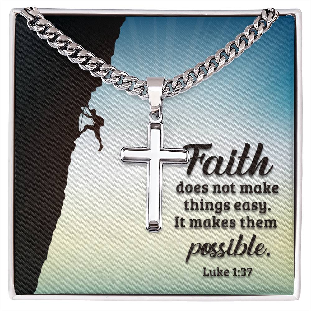 Artisan Cross Pendant Cuban Link Chain Necklace - Faith Makes Things Possible - Luke 1:37 - Camili Bel Creations Gift Shop