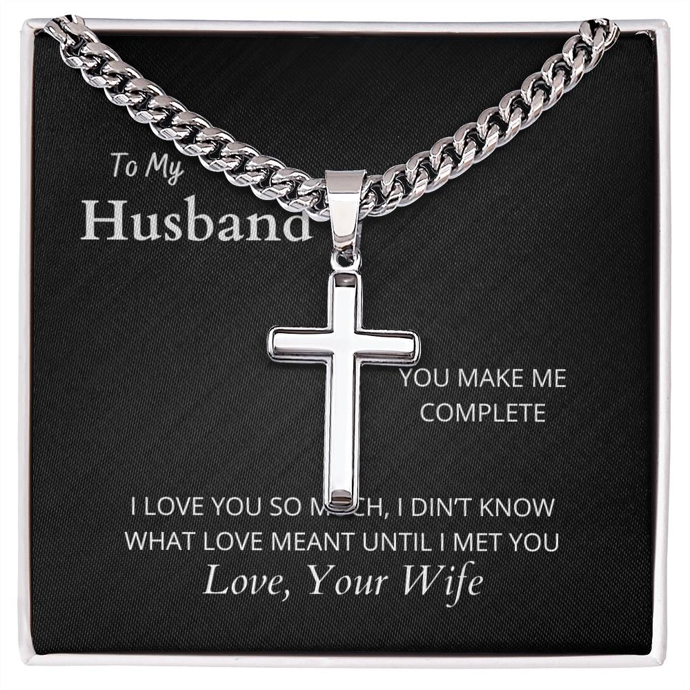 To My Husband I Artisan Cross Necklace on Cuban Chain