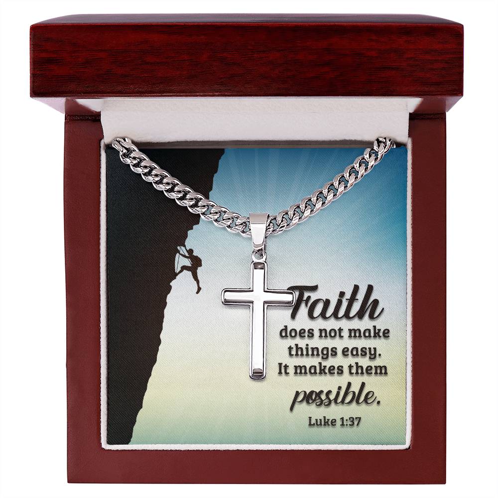 Artisan Cross Pendant Cuban Link Chain Necklace - Faith Makes Things Possible - Luke 1:37 - Camili Bel Creations Gift Shop