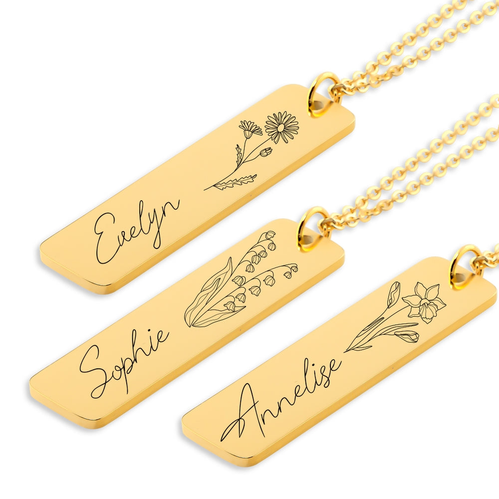 Happy Mother's Day - Birthflower Name Bar Necklace - Gift For Mom - Camili Bel Creations Gift Shop